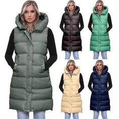 Trendy Fashion Womens Long Line Hooded Puffer Gilet Jacket Padded Body Warmer Side Pockets, Women's Activewear Solid Color Fall Vest With Pockets, Sleeveless Puffer Vest For Cold Weather, Solid Sleeveless Vest For Winter, Sleeveless Vest For Cold Weather In Fall, Green Vest Outerwear For Fall, Winter Hooded Vest With Pockets, Sleeveless Outdoor Winter Outerwear, Sleeveless Solid Outerwear With Pockets, Hooded Vest Outerwear For Cold Weather