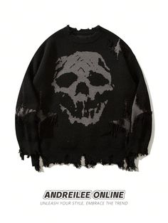 Men's Skull Print Ripped Fringe Crew Neck Casual Sweater Black Casual  Long Sleeve Knitwear Colorblock,Halloween Pullovers Medium Stretch  Men Clothing, size features are:Bust: ,Length: ,Sleeve Length: American Sweater, Ripped Sweater, Skull Sweater, Oversize Pullover, Streetwear Mode, Y2k Sweater, Distressed Sweaters, Skull Pattern, High Street Fashion