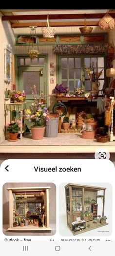 an image of a doll house made out of wood and windows with flowers in them