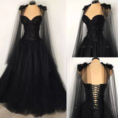 Black Wedding Dresses with Cape Gothic Spaghetti Straps A Line Bridal Gowns | eBay Black Wedding Gowns Lace, Ballgown With Sleeves, Wedding Dress Pockets, Halloween Wedding Dress, Anime Wedding Dress, Halloween Wedding Dresses, Vampire Oc, Black Wedding Gowns, Anime Wedding