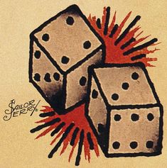 three dices with red paint splattered on them and one is falling down