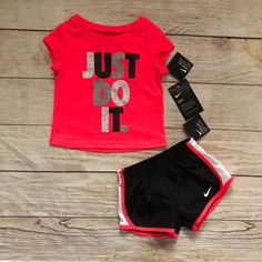 Bright Pink Just Do It Tee With Matching 3-Tone Shorts Cute Red Sets With Letter Print, Sporty Playwear Sets With Letter Print, Cute Pink Sets With Letter Print, Cute Pink Letter Print Sets, Nike Sets With Letter Print And Short Sleeve, Nike Black Summer Sets, Pink Workout Set For Spring, Pink Short Sleeve Sports Set, Pink Workout Sets For Spring