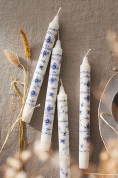 three blue and white candles sitting on top of a table next to some dried flowers