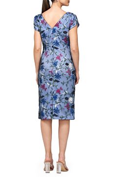 Colorful floral embroidery adds whimsical charm to an occasion-ready sheath dress framed by a bateau neck and cap sleeves. 39" length (size 8) Hidden back-zip closure Bateau neck Cap sleeves Back vent Lined 100% polyester Dry clean Imported Floral Sheath Dress, Bateau Neck, Designer Clothes For Men, Women's Summer Fashion, Nordstrom Dresses, Athletic Women, Floral Embroidery, Sheath Dress, Summer Women