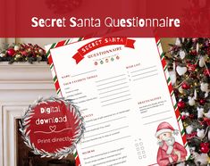 the secret santa questionnaire is next to a christmas tree