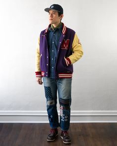 Primarily produced between the late 1980s and early 1990s, Kiriko's collection of reproduction varsity letterman jackets is sourced directly from Japan and features some of the nation's most famous heritage wear brands. Based on mid-century American high school and college athletic wear, each varsity letterman jacket showcases the exceptionally high standard of Japanese manufacturing, while paying tribute to classic American culture and fashion. Material: 80% Wool, 20% Rayon Made in Japan Manufa Retro Patchwork Outerwear For College, Varsity Patchwork Outerwear For College, Retro Cotton Varsity Jacket For Fall, Collegiate Long Sleeve Varsity Jacket With Patches, College Outerwear With Patches And Baseball Collar, College Style Varsity Jacket With Patches For Fall, Cotton Varsity Outerwear With Patchwork, Varsity Jacket With Patches And Baseball Collar, Retro Cotton Varsity Jacket With Patchwork