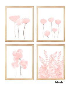 four pink flowers are displayed in three different frames on the wall, and one is framed with