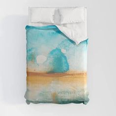 the bed is made up with white sheets and blue sky painting on it, along with two pillows