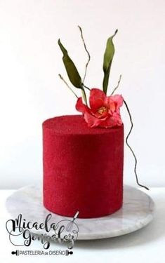 a red cake decorated with flowers and greenery on a marble plate against a white background