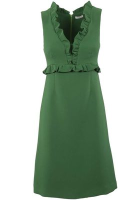 Green V-neck Ruffle Dress, Chic Ruffled Elastane Dress, Green Sleeveless Elastane Dress, Green Sleeveless Ruffled Knee-length Dress, Sleeveless Ruffle Dress For Formal Occasions, Green V-neck Elastane Dress, Chic Green Stretch Dress, Summer Ruffle Dress In Elastane, Fitted A-line V-neck Dress With Ruffles