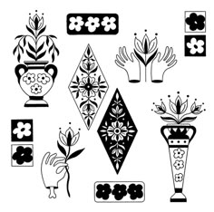 black and white illustration of different vases with flowers in them on a white background