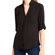 This Is A Nice Express The Portofino Roll Tab Long Sleeve Black Blouse/Shirt In Size M. Comfortable Stylish Look. New But Without Tags. Black Tops With Roll-up Sleeves For Work, Versatile Black Tops For Business Casual, Fall Business Casual Tops With Roll-up Sleeves, Versatile Black Blouse For Business Casual, Solid Color Tops With Roll-up Sleeves For Office, Casual Office Blouse With Rolled Sleeves, Rolled Long Sleeve Tops For Office, Business Casual Long Sleeve Blouse With Rolled Sleeves, Office Tops With Roll-up Sleeves