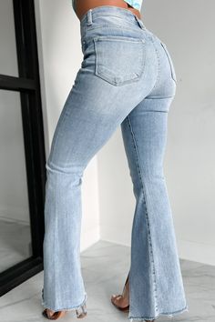 Calliope High Rise Split Hem Risen Flare Jeans (Light) Casual Stretch Flare Jeans For Day Out, Chic Stretch Flare Jeans In Light Wash, Casual Fitted Flare Jeans For Day Out, Flying Monkey Jeans, Women's Bottoms, Flying Monkey, Hem Jeans, Juniors Jeans, Large Dress