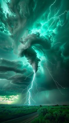 a large cloud filled with lightning in the middle of a green and black sky over an open field