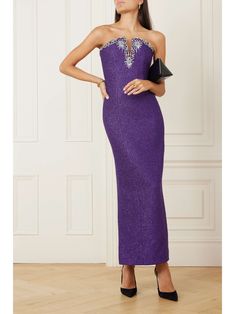 MISS SOHEE + The Vanguard strapless crystal-embellished metallic woven maxi dress Couture Midi Dress, Sohee Couture, Miss Sohee, Royal Purple Dress, Ethereal Dresses, Mode Purple, Glamourous Heels, Light Purple Dress, Hourglass Silhouette