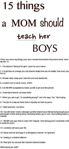 a poster with the words 15 things a mom should teach her boys