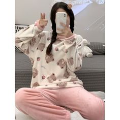 Cute Teddy Bear Warm &Thermal Loungewear , Long Sleeve Pullover Pajama Tops &Pants , Women's Sleepwear &Loungewear Color  : PinkSize  : ,M(6),L(8/10),XL(12),,,Size guide:M(6):Bust: 41.0 inch, Length: 23.6 inchL(8\u002F10):Bust: 42.6 inch, Length: 24.4 inchXL(12):Bust: 44.1 inch, Length: 25.2 inchMore Photos Cozy Fit Long Sleeve Sleepwear For Relaxation, Super Soft Long Sleeve Comfortable Sleepwear, Super Soft Long Sleeve Sleepwear For Lounging, Super Soft Long Sleeve Sleepwear For Pajama Party, Super Soft Long Sleeve Sleepwear For Loungewear, Kawaii Things, Cute Teddy Bear, Cute Teddy, Women's Sleepwear