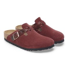 Boston Braided Suede Leather Zinfandel | BIRKENSTOCK Casual Woven Leather Clogs, Woven Leather Clogs With Round Toe, Leather Woven Round Toe Clogs, Leather Woven Clogs With Round Toe, Fall Wedges, Boston Clog, Zinfandel, Suede Fashion, Strap Wedge