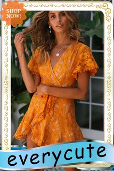 Orange Flutter Sleeve Wrap V Neck Floral Lace Short Dress Lace Short Dress, Short Dress Women, Floral Lace Shorts, Short Lace Dress, Lace Short, Mini Dresses, Women Dresses, Flutter Sleeve, Short Dress