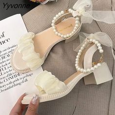 Yyvonne Platform Sandals Female Shoe 2023 Summer Lace Denim Women's High Heels Med Espadrilles Girls Laces Fashion Gladiator Beige Increasing Height, Mary Jane Platform Shoes, Backless Dress Summer, Pearl Sandals, Dr Shoes, Black Platform Sandals, Platform Mary Janes, Summer Lace, Girly Shoes