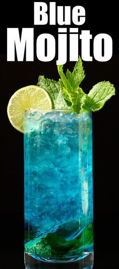 A tall glass is filled with pebble ice and a bright blue mojito that's topped with a lime wheel and a fresh sprig of mint. Blue Mojito Recipe, Red Mojito, Blue Mojito, 4th Of July Cocktails, July 4th Party, Raspberry Mojito, Mojito Mocktail