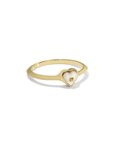 Meet the ring you’ll send your crush screenshots of: the Adalynn 18k Gold Vermeil Heart Band Ring in Ivory Mother-of-Pearl. Carved lines branch out from a white sapphire center, creating the illusion of a bursting heart. Plus, it’s made with long-lasting 18k Gold Vermeil—need we say more? Metal 18k Gold Vermeil What is Vermeil? Vermeil (that’s pronounced ver-may) is a gold plating technique that dates back to the 19th century. While other jewelers plate over less durable metals, our vermeil star Gold Rings With Pearl, Pearl Promise Ring, Gold And Pearl Ring, Cute Rings Gold, Gold Promise Rings For Her, Promise Rings Unique, Promise Rings Gold, Simple Promise Rings, Dainty Promise Rings