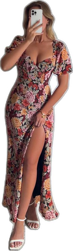 Flirty Fitted Maxi Dress With Floral Print, Flirty Floral Print Maxi Dress, Elegant Floral Print Dress With Split, Elegant Floral Print Split Maxi Dress, Elegant Split Maxi Dress With Floral Print, Elegant Floral Print Maxi Dress With Split, Chic Split Dress With Floral Print, Chic Floral Print Dress With Split, Chic Floral Print Maxi Dress With Split