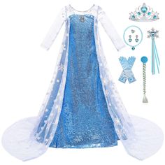 PRICES MAY VARY. Comfortable material: the princess dress is made of delicate tulle and polyester material for comfort and breathability, and the cotton lining is soft and skin-friendly. Package includes: 1* blue long sleeve princess dress, 1* princess crown, 1* snowflake wand, 1* necklace, 1* ring, 1 pair of earrings, a pair of blue gloves and 1* wig braid. Details: non-removable long translucent snowflake cape, delicate sequin design, badge decoration on the chest, allowing girls to feel the f Queen Costume Halloween, Long Sleeve Princess Dress, Snow Queen Costume, Blue Princess Dress, Christmas Party Costume, Toddler Fancy Dress, Princess Elsa Dress, Peach Costume, Baby Costumes Girl