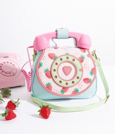 Strawberry Fields Ring Ring Phone Convertible Handbag - Unique Vintage - Womens, ACCESSORIES, HANDBAGS Cute Accessories Purse, Kawaii Art Accessories, Cute Shops To Shop At, Where Are My Pinned Items, Fun Backpack, Novelty Handbags, College Clothes, Colorful House, Makeover Bedroom