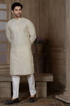 CREAM RAYON EMBROIDERED KURTA PYJAMA SET Cream Kurta Men, Kurta Men, Kurta Pyjama, Cream Fabric, Indian Outfit, Sequins Embroidery, Pyjama Set, Pajama Set