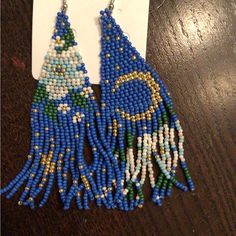 New In Bag Cornflower Blue Tassel Floral And Moon Star Earrings Pierced Seed Beaded Blue Beaded Earrings Native American, Seed Bead Snowflake Earrings, Star Beaded Earrings, Native American Beadwork Earrings, Flower Beaded Earrings, Pink Drop Earrings, Diy Seed Bead Earrings, Blue Beaded Earrings, Beaded Earrings Native