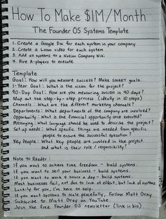 a handwritten note about how to make 5m / month the founder - oss system template