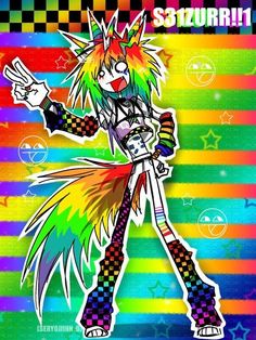 an anime character is standing in front of a rainbow colored background with stars and stripes