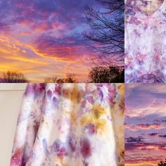 an image of the sky at sunset with clouds and trees in the foreground as well as a t - shirt hanging on a clothes line