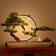 a bonsai tree is displayed on top of a table with a lamp in the background