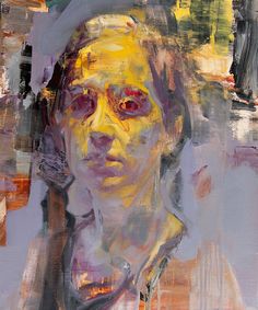 an abstract painting of a woman's face with yellow and red paint on it