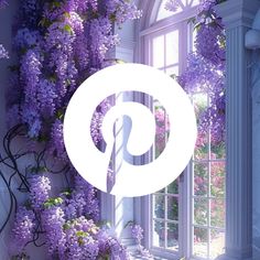 an image of purple flowers in front of a window with the letter p on it