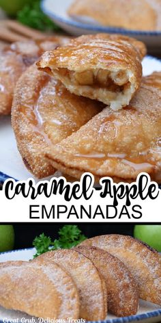 caramel apple empanadas on a plate with apples and cinnamon sticks in the background