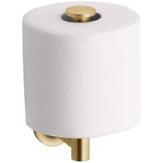 the toilet paper holder is gold and white