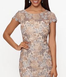 Xscape Short Sleeve Boat Neck Floral Lace Sheath Dress | Dillard's Silver Fitted Mother Of The Bride Dress, Fitted Champagne Dress For Mother Of The Bride, Fitted Beige Mother Of The Bride Dress For Party, Fitted Mother Of The Bride Dress For Holiday Wedding, Mother Of The Bride Dresses Summer, Summer Mother Of The Bride Dresses, Coktail Dress, Mother Of Groom Outfits, Mog Dresses