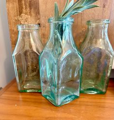 three glass vases sitting on top of a wooden table next to each other and one has a plant in it