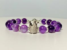 Amethyst 8mm Silver Pave Crown  Snap Closure Lead, Nickel, Cadium Free Velvet Pouch with polishing cloth  Handmade Amethyst Crown, Crown Bracelet, Healing Jewelry, Velvet Pouch, Photo Bracelet, Gemstone Bracelets, Beautiful Bracelet, Gemstone Jewelry, Leather Bracelet