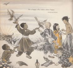 an old children's book with birds flying over them and people standing around it