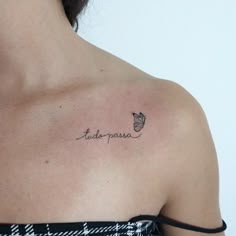 a woman with a butterfly tattoo on her upper arm that says auto - poise