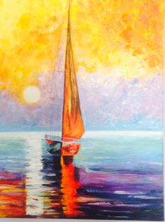 a painting of a sailboat on the water at sunset with clouds in the background