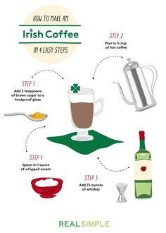 how to make an irish coffee in 4 easy steps infographical poster with instructions