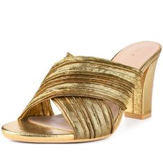 Party Mules With Wrapped Block Heel, Party Mules With Stacked Heel, Gold Mules With Padded Block Heel, Gold Mules With Stacked Heel, Trendy Mules With Wrapped Block Heel, Chic Gold Mules With Stacked Heel, Gold Mules With Stacked Heel For Spring, Gold Open Toe Mules With Stacked Heel, Party Slip-on Mules With Stacked Heel