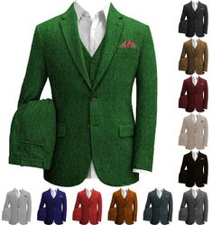 Tweed Mens 3Pcs Suits Customize Herringbone Business Tuxedos Blazer Vest+Pants | eBay Classic Winter Sets With Pockets, Classic Sets With Pockets For Winter, Winter Green Suits With Pockets, Green Winter Suits With Pockets, Prom Vest, Wedding Pants, Wedding Tuxedo, Tweed Suit, Tuxedo Blazer