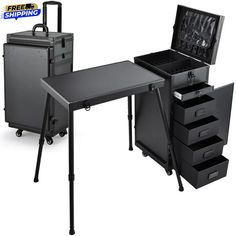 a black desk with drawers and an open briefcase