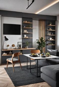 a living room filled with furniture and a flat screen tv mounted to the side of a wall